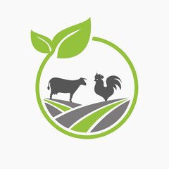 Agriculture Logo Design Concept With Cow and Rooster Icon. Farming Logotype Symbol Template © pixbold