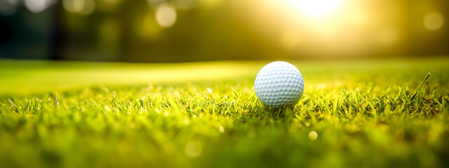 golf ball on a green grass field in nature, sunrise, banner with copy space