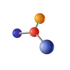 Vector model of 3d molecule consisting of three small atoms and big blue joined by the small elements isolated