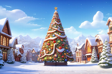 Christmas tree in a snowy village.Generative Ai