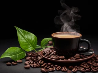 Foto op Plexiglas a cup of hot steaming coffee on a black background © Ameer