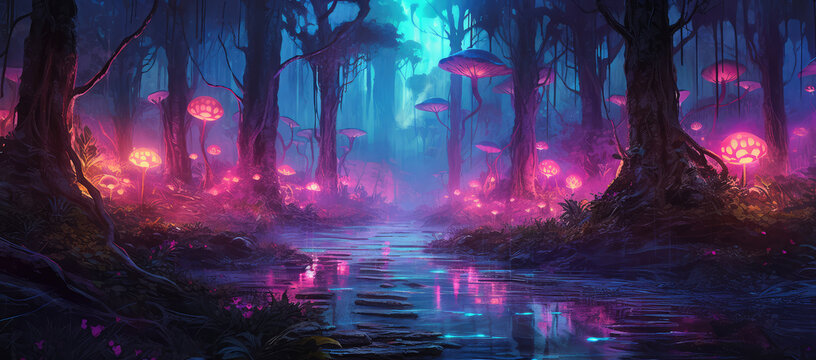 Dark Forest with Purple Glowing Mushrooms extreme closeup. Generative AI - Powered by Adobe