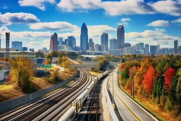Skyline of Buckhead Atlanta with Georgia 400 highway and MARTA rapid rail train tracks. Generative AI - obrazy, fototapety, plakaty