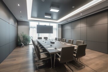 Modern well-lit conference room with a screen for projections. Generative AI