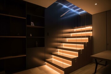 A contemporary interior with LED-lit staircase to upper floor. Generative AI