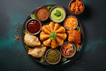 Foto op Plexiglas Vegetarian Indian snack banner with samosas, pav bhaji, and pakode. Copy space for fast food. Generative AI © Donald