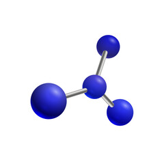Vector model of 3d molecule consisting of three small atoms and big blue joined by the small elements isolated