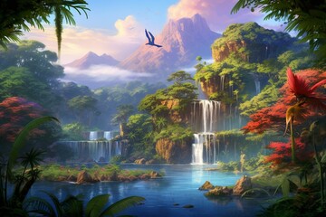 A vibrant jungle backdrop adorned with palm trees, birds, and ancient rivers. Generative AI