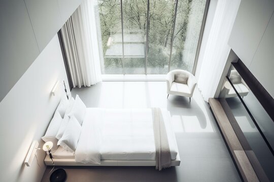 Bird's-eye view of a sleek white bedroom. Generative AI