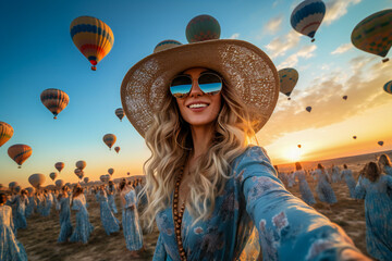An attractive young woman in front of an air baloons show
