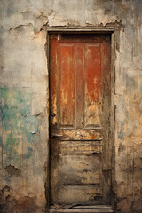 Old ancient wooden door in old wall