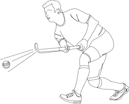 Vector Art: Field Hockey Player Engaged in Dribbling Ball, Hand-Drawn Image of a Field Hockey Player, Field Hockey Athlete Handling Ball with Hockey Stick