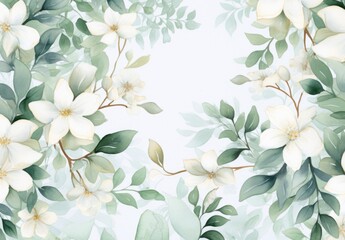 green leaves and flowers in watercolor background