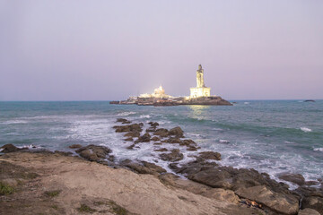 Kanyakumari Vivekananda Rock Memorial & Thiruvalluvar Statue photographs while sunrise. Aerial...