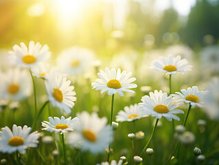 Field of daisies on the meadow a sunny day. Nature background with sunlight. By AI