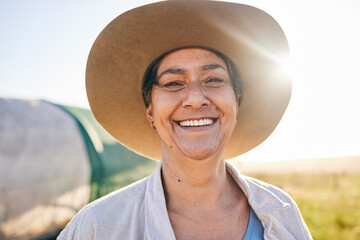 Portrait, smile and senior woman with agriculture, farm and countryside with peace, ecology and...