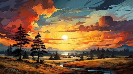autumn landscape in sunset colors flat graphics multicolored