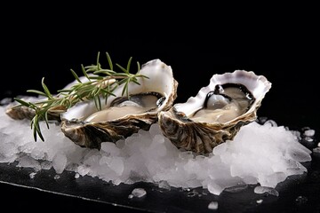 Close-up of garlic and salt adorned Australian Sydney Rock oysters on a black board. Generative AI