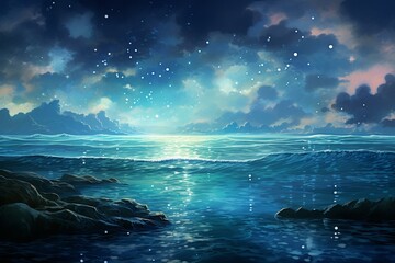 The calm ocean glows beneath a sky filled with shimmering stars. Generative AI