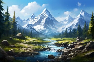 Fototapeta na wymiar An awe-inspiring mountain range with snow-capped peaks, a meandering river, and verdant valley, forming a heavenly paradise. Generative AI