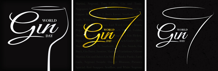 World Gin Day Greeting Card Set, celebrated on June 10th. Martini and Gin Balloon Glasses symbol with World Gin Day typographic. List of Gin cocktails on background. Vector Illustration. EPS 10.
