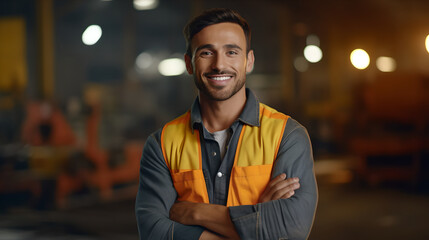 Fototapeta premium Portrait of young professional heavy industry engineer in industrial factory wearing safety vest and hardhat smiling on camera
