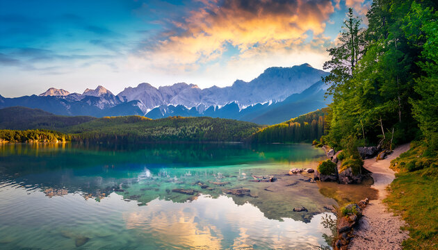 Impressive summer sunrise on Eibsee Lake with Zugspitze mountain range. The sunny outdoor scene in German Alps, Bavaria, Germany, Europe. The beauty of nature concept background.
