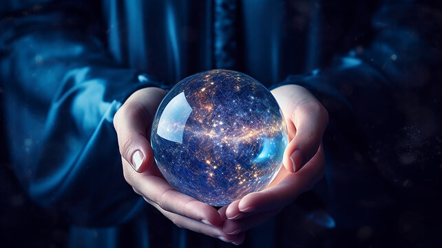 crystal ball of predictions in the hands of a fortune teller