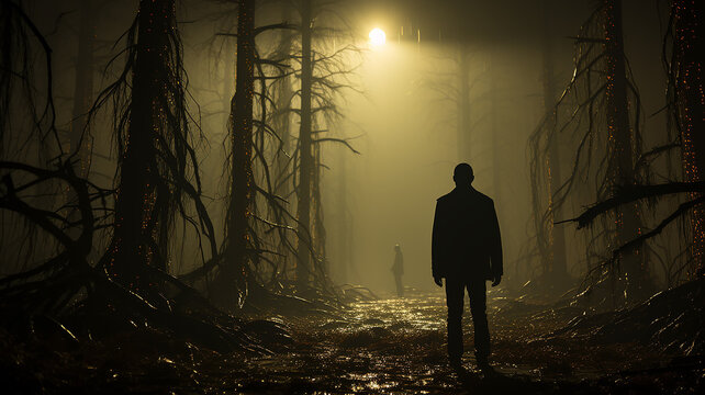 Horror a lonely silhouette in a gloomy foggy forest, maniac thriller the darkness of the night