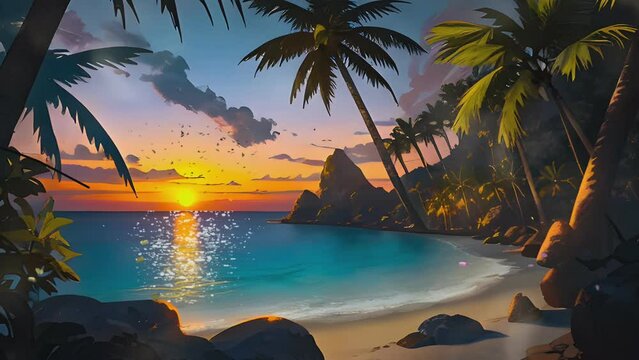 tropical sunset or sunrise with palm trees, beach and water.sunset or sunrise on the beach. Cartoon or anime illustration style. seamless looping 4K time-lapse virtual video animation background.  