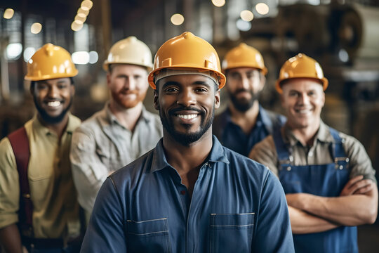 Group of industrial workers standing confident at industrial factory wearing safety vest and hardhat smiling on camera