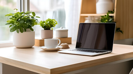 Modern freelancer workplace with laptop and cup of coffee on a wooden table and green plants on the background. Designers table concept. Copy space