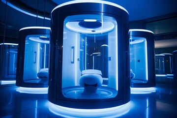 A three-dimensional cryosauna room offering cold therapy. Generative AI