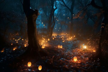 Magical haunted woods illuminated by magical fireflies, creating a dreamy Halloween ambiance. Generative AI
