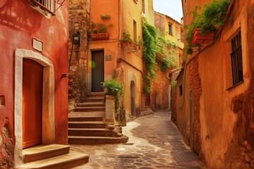 Fototapeta na wymiar Terracotta-colored medieval village street in Spain or Italy with narrow streets. Generative AI