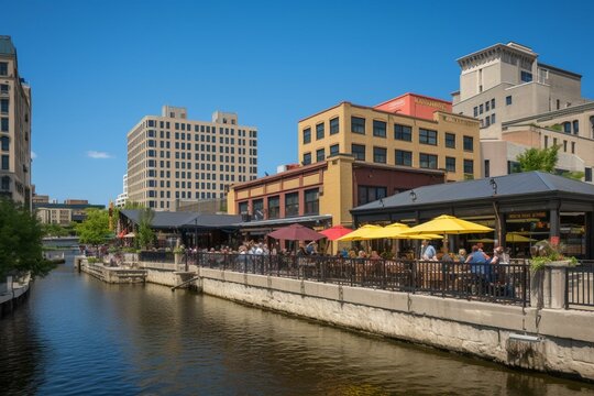 Riverwalk eateries in the Third Ward district, Milwaukee. Generative AI