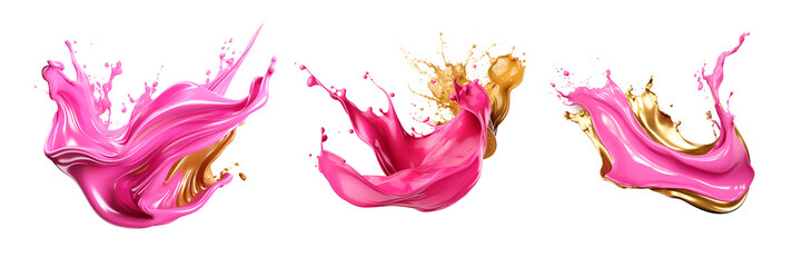 Falling splash with golden and pink liquid drops. Generative AI
