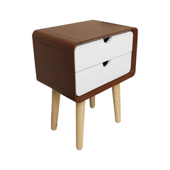 Dark Brown wooden corner table with white shelves isolated on white background. Interior design...