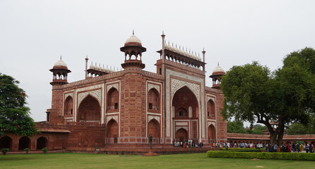 view of people crowd gathered on taj mahal gate