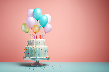 Birthday cake with baloons. Pastel colors. Generative Ai.