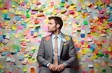 Man among colorful sticky notes. Ideas in the project. Project manager. UX design. Generative Ai.