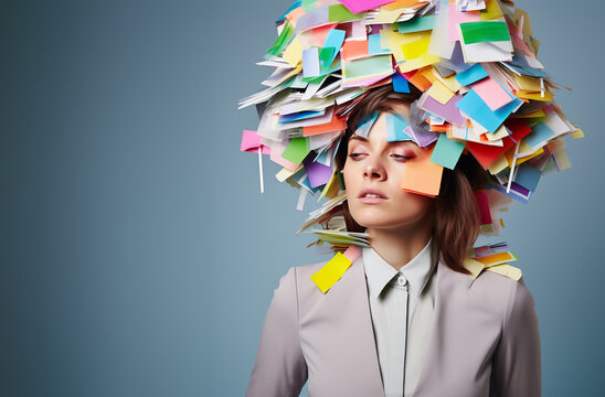 Woman covered with colorful sticky notes. Fatigue at work. too many responsibilities. Professional burnout. Generative Ai.