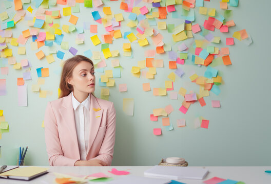 Woman covered with colorful sticky notes. Fatigue at work. too many responsibilities. Professional burnout. Generative Ai.