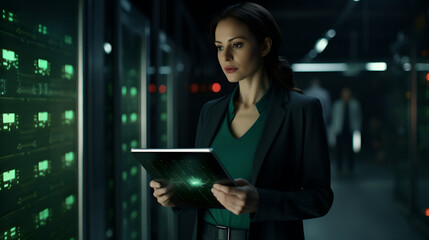 Successful young female data center it specialist using a digital tablet while working in a server room