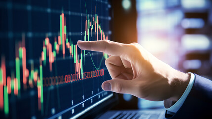 Close up of business man hand pointing at candle stick business chart on monitor. finger pointing at business forex chart and analyzing performance data. Trade, finance and market concept