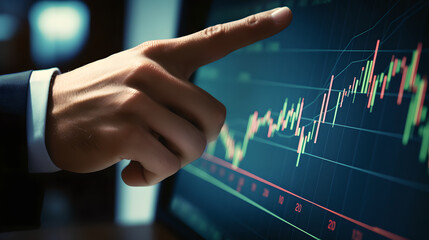 Close up of business man hand pointing at candle stick business chart on monitor. finger pointing at business forex chart and analyzing performance data. Trade, finance and market concept