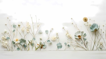 AI generated image of a florals arrangement on a white wood surface, style of nature motifs, flower decoration on white background.