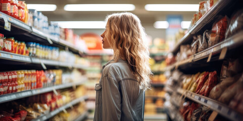 Rear reiw young woman shopping in a supermarket, Customer in supermarket, generative ai