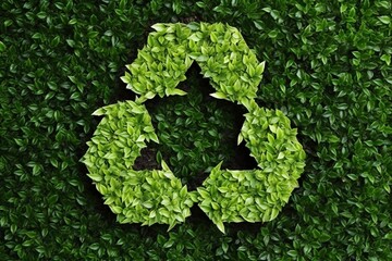 Recycling symbol made of green leaves on grass background, top view