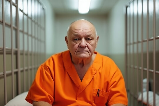Elderly criminal in orange uniform sits on prison bed and thinks about freedom. Prisoner serves imprisonment term in jail cell. Guilty inmate in detention center or correctional facility.